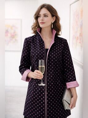 NWT Silk Cotton Jacket Long Pockets Women’s‎ XL/L? Black Pink Polka Dot Party